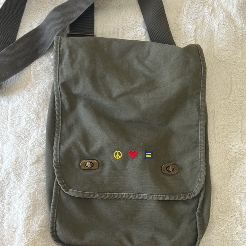 Green Canvas Messenger Bag with Flap Closure